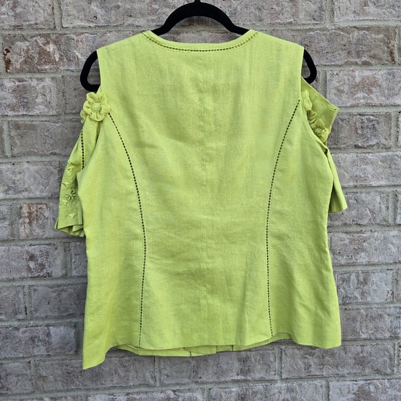 JSong Collection Linen Citron Womens Shirt Embroidered Floral Cold Shoulder S 12 - Picture 7 of 13